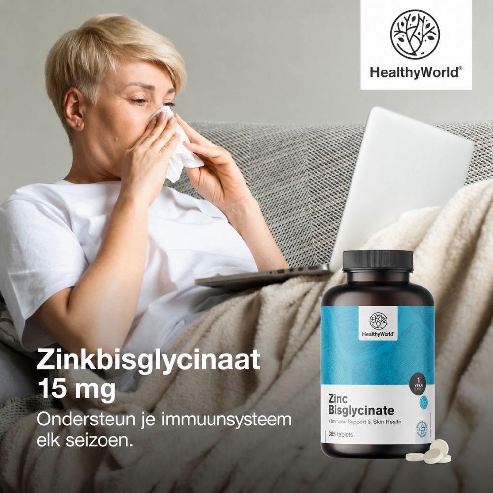 Fles Zink Bisglycinaat 15 mg, 365 tabletten, met 'Premium kwaliteit' zegel.