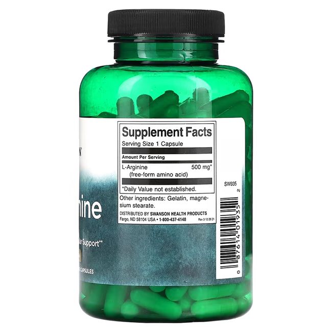 Flacon vert transparent avec capsules. Étiquette avec informations nutritionnelles. Contient L-Arginine, 500 mg.