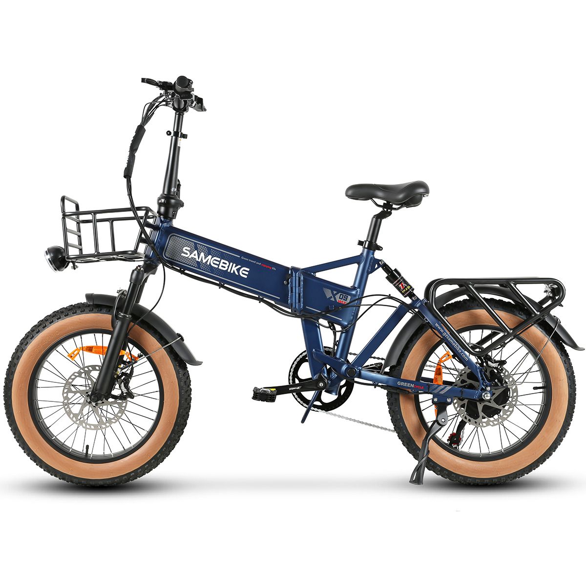Vélo électrique SAMEBIKE XWLX09-II bleu, pneus beiges. Panier avant, porte-bagages arrière. 7 vitesses.