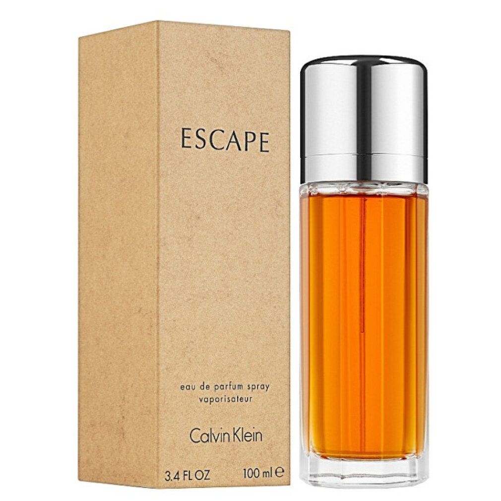 Parfumfles en doos. Fles met zilveren dop, goudkleurige inhoud. Doos met opschrift "ESCAPE" en "Calvin Klein".
