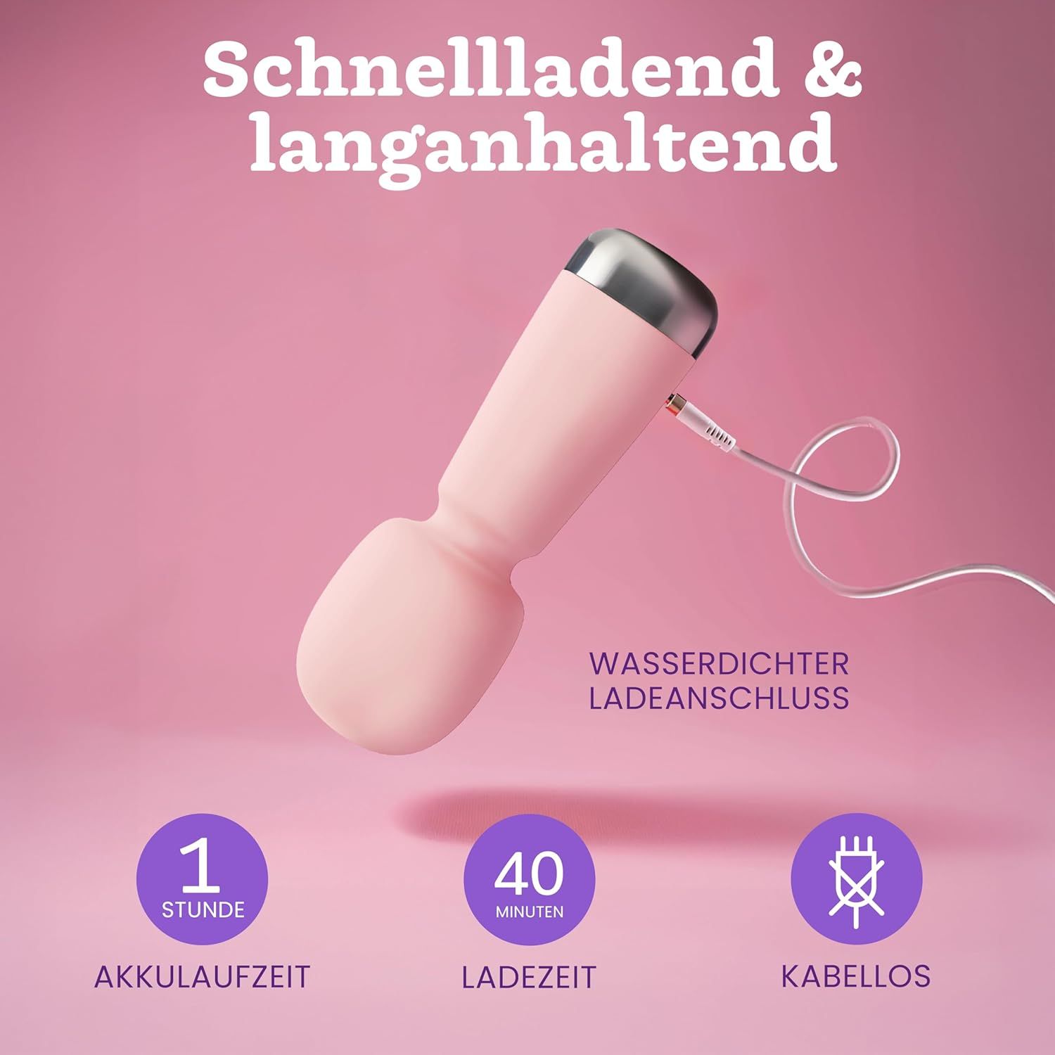 Mini vibromasseur rose avec câble de chargement USB. Charge rapide, autonomie 1h, temps de charge 40 min.