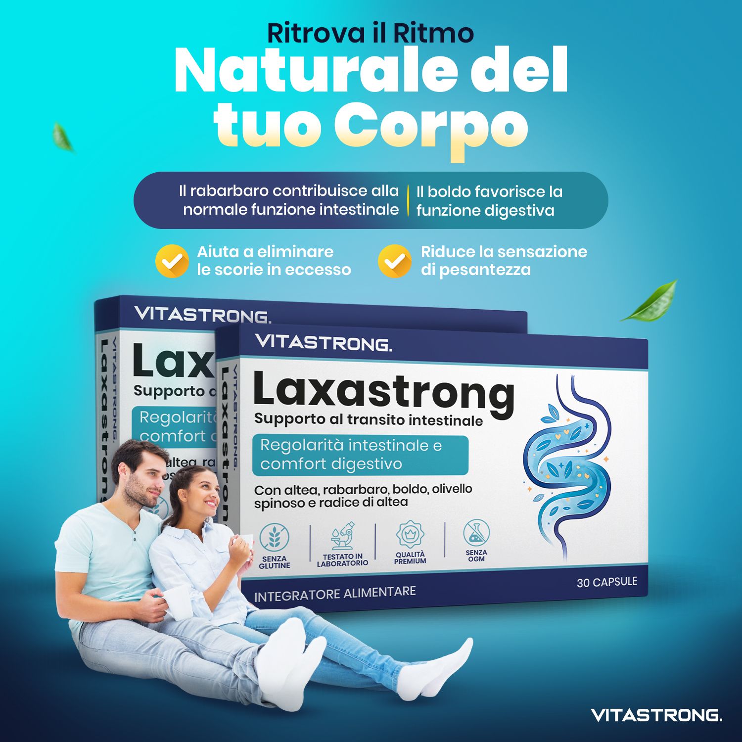 Advertentie met paar. Laxastrong-logo. Tekst: Vind het natuurlijke ritme van je lichaam terug. 30 capsules. Met heemst, rabarber, boldo, duindoorn en heemstwortel.