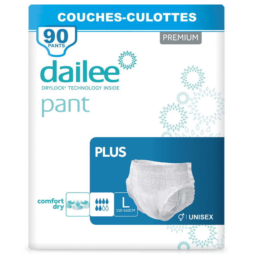 Dailee Pants Plus, taille L, unisex. Paquet de 90. Technologie Drylock. Absorption et confort.