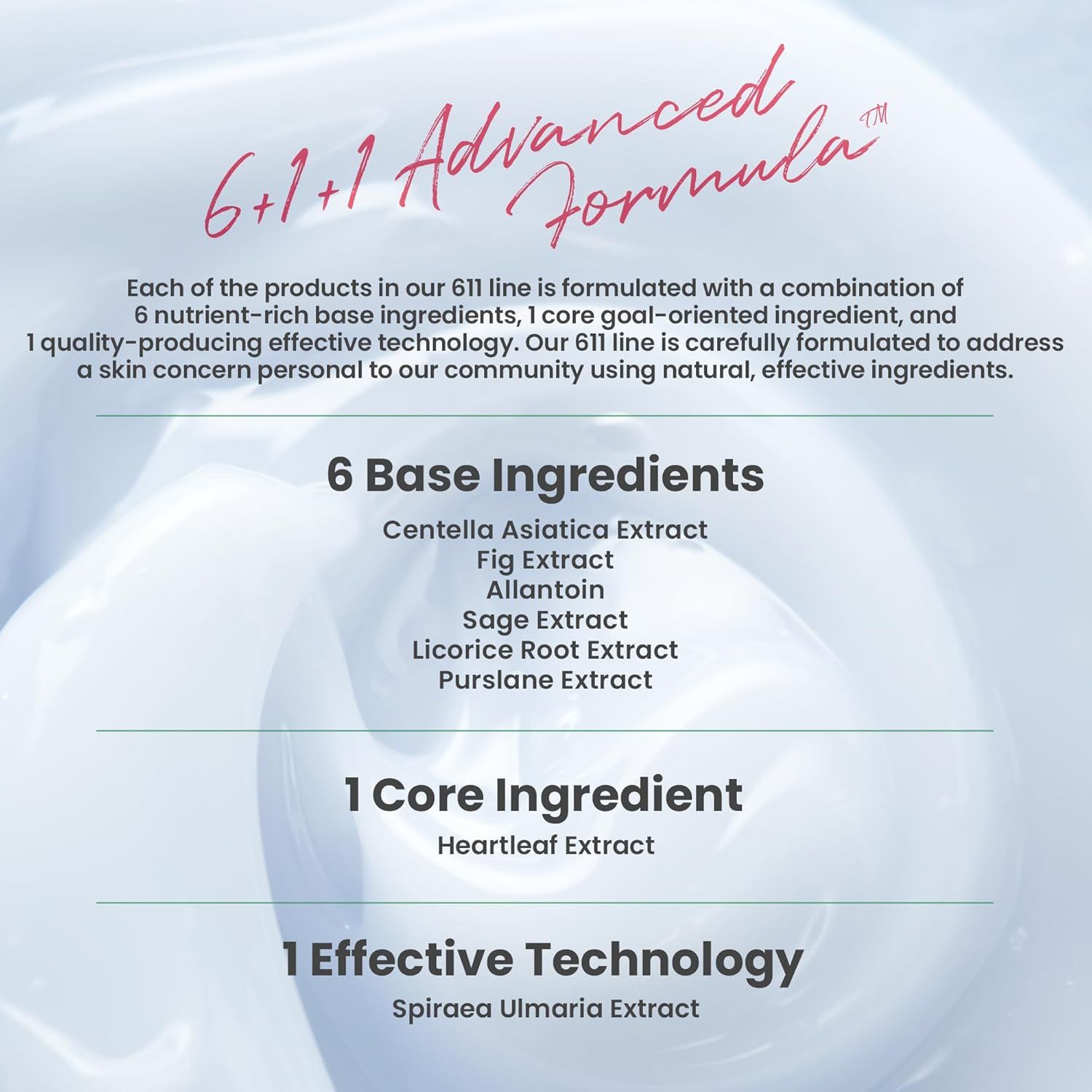 Tekst met ingrediënten. 6 Base Ingredients, 1 Core Ingredient, 1 Effective Technology. Productbeschrijving.