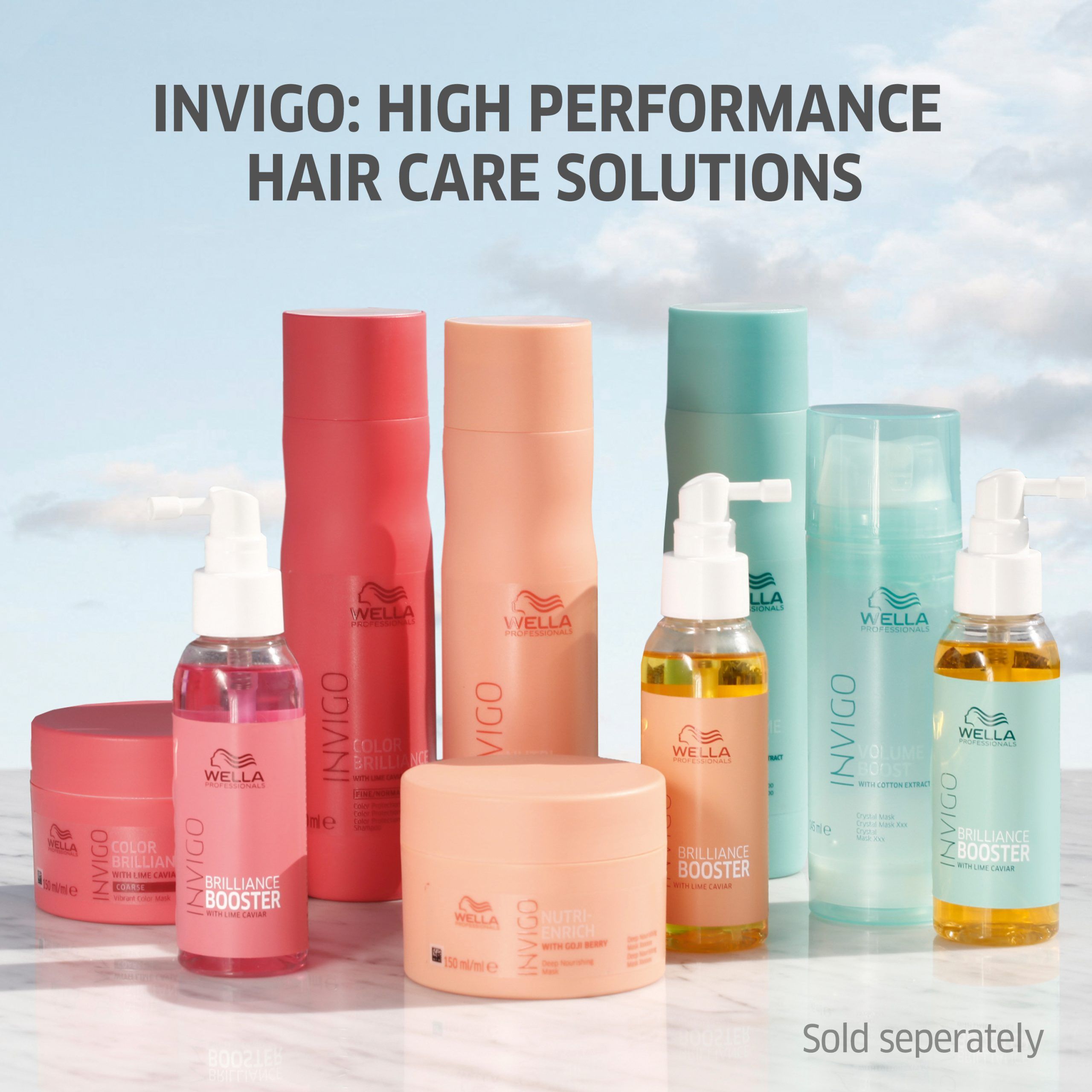 Divers produits capillaires. Texte : INVIGO : HIGH PERFORMANCE HAIR CARE SOLUTIONS. Marque : Wella. Vendus séparément.