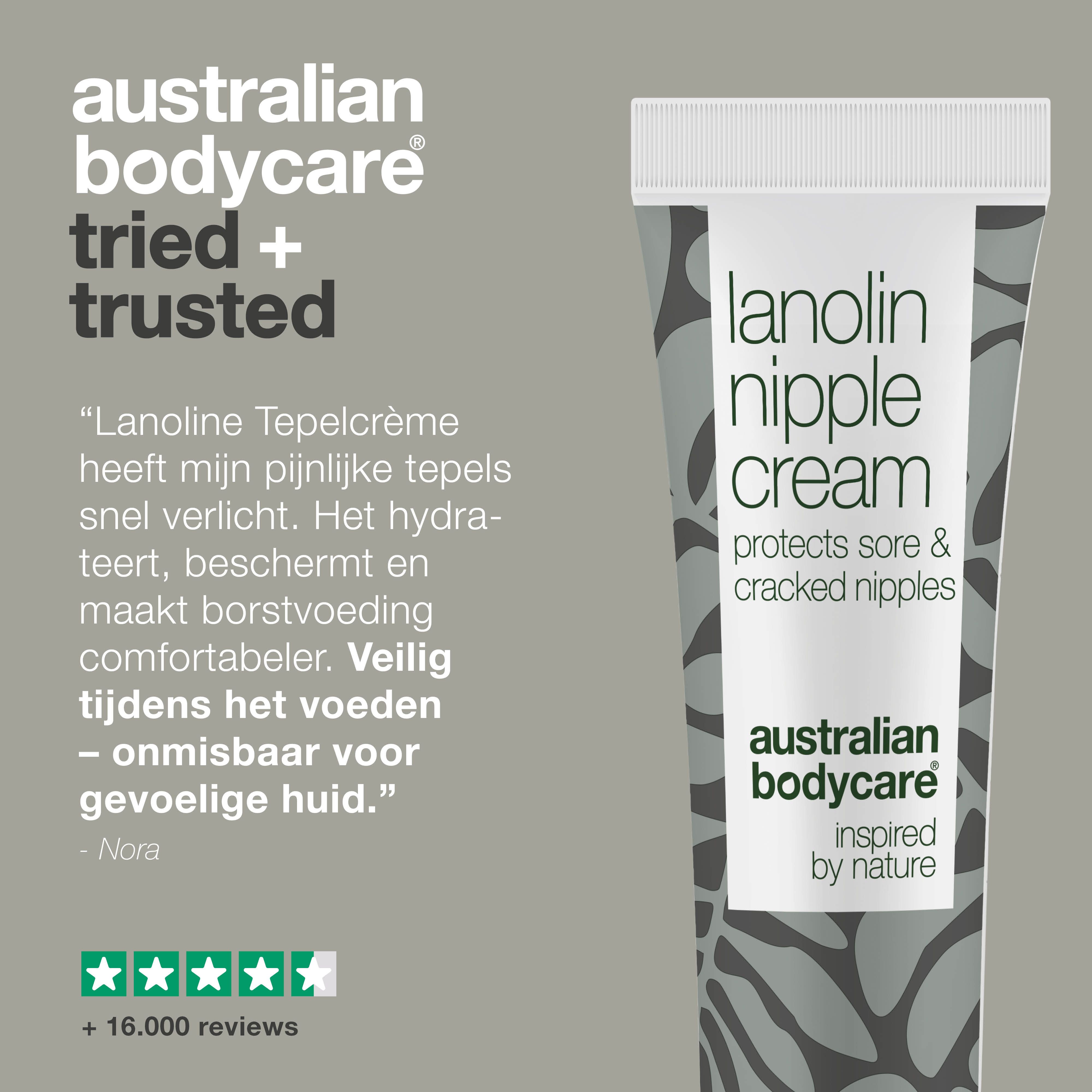 Tube lanoline tepelcrème. Citaat: Lanolin Tepelcrème heeft mijn pijnlijke tepels snel verlicht.