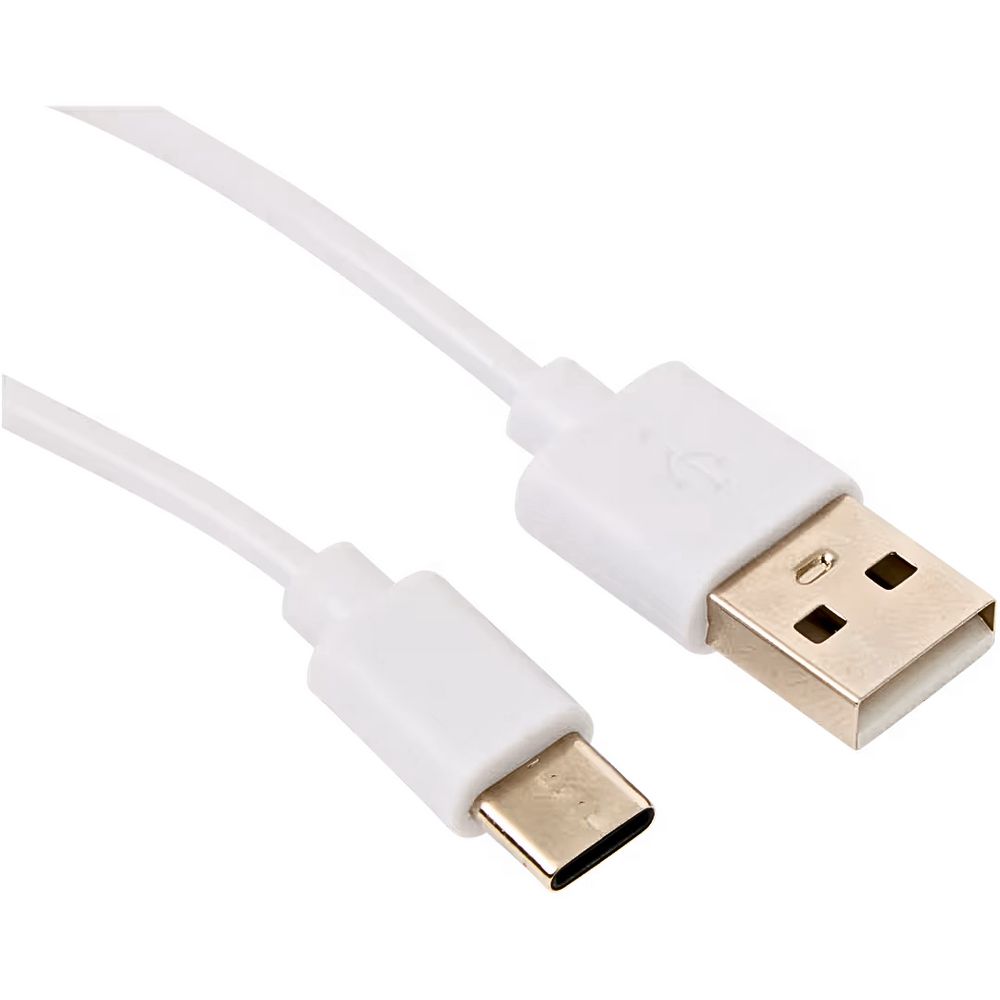 Câble USB blanc avec connecteurs Type-C et USB-A. Gros plan.