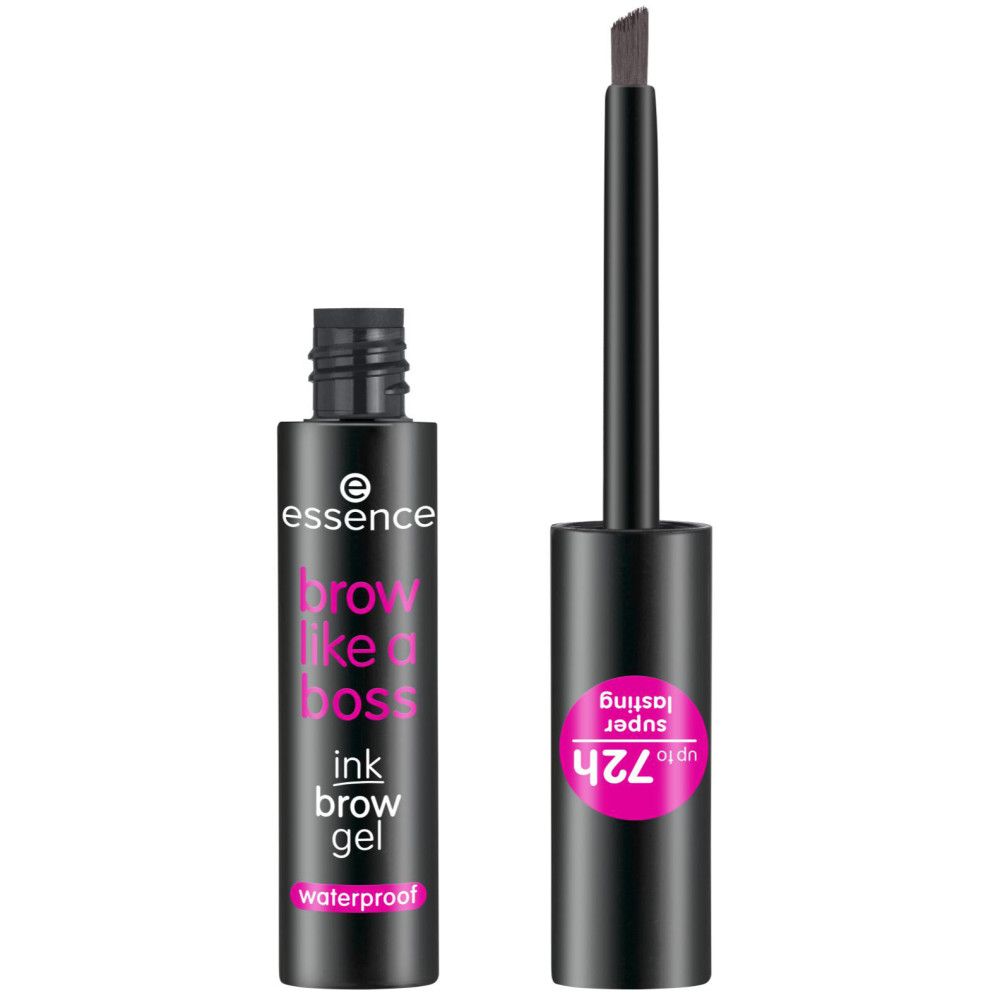 Tube noire ouverte avec applicateur. Texte: "brow like a boss ink brow gel waterproof". Autocollant rose: "72h super lasting".