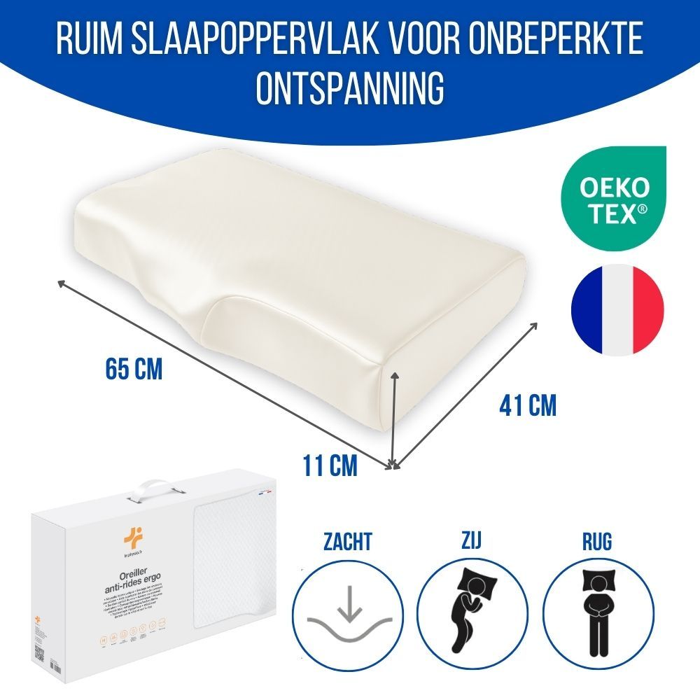 Ergonomisch kussen met afmetingen en verpakking. Tekst: Oeko-Tex. Vlag van Frankrijk.