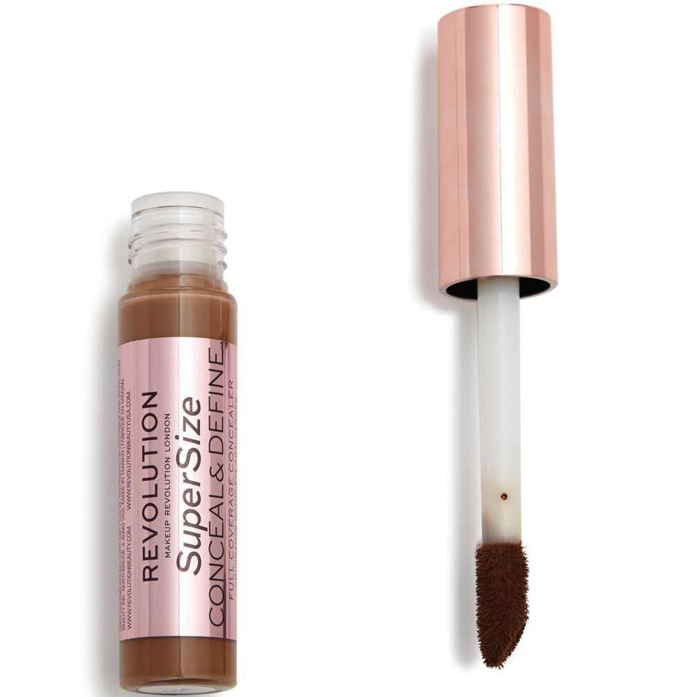 Flacon de correcteur avec bouchon or rose et applicateur. Inscription: Super Size Conceal & Define.