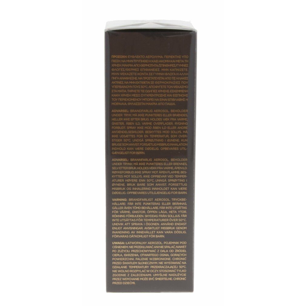 Bruine rechthoekige verpakking met tekst. Achterkant met tekst in verschillende talen. Witte achtergrond.