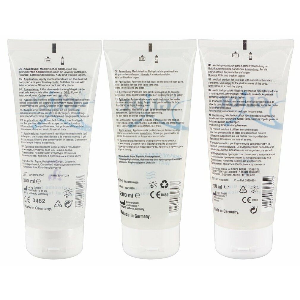 Trois tubes de gel lubrifiant JUST GLIDE, dos avec instructions et ingrédients.