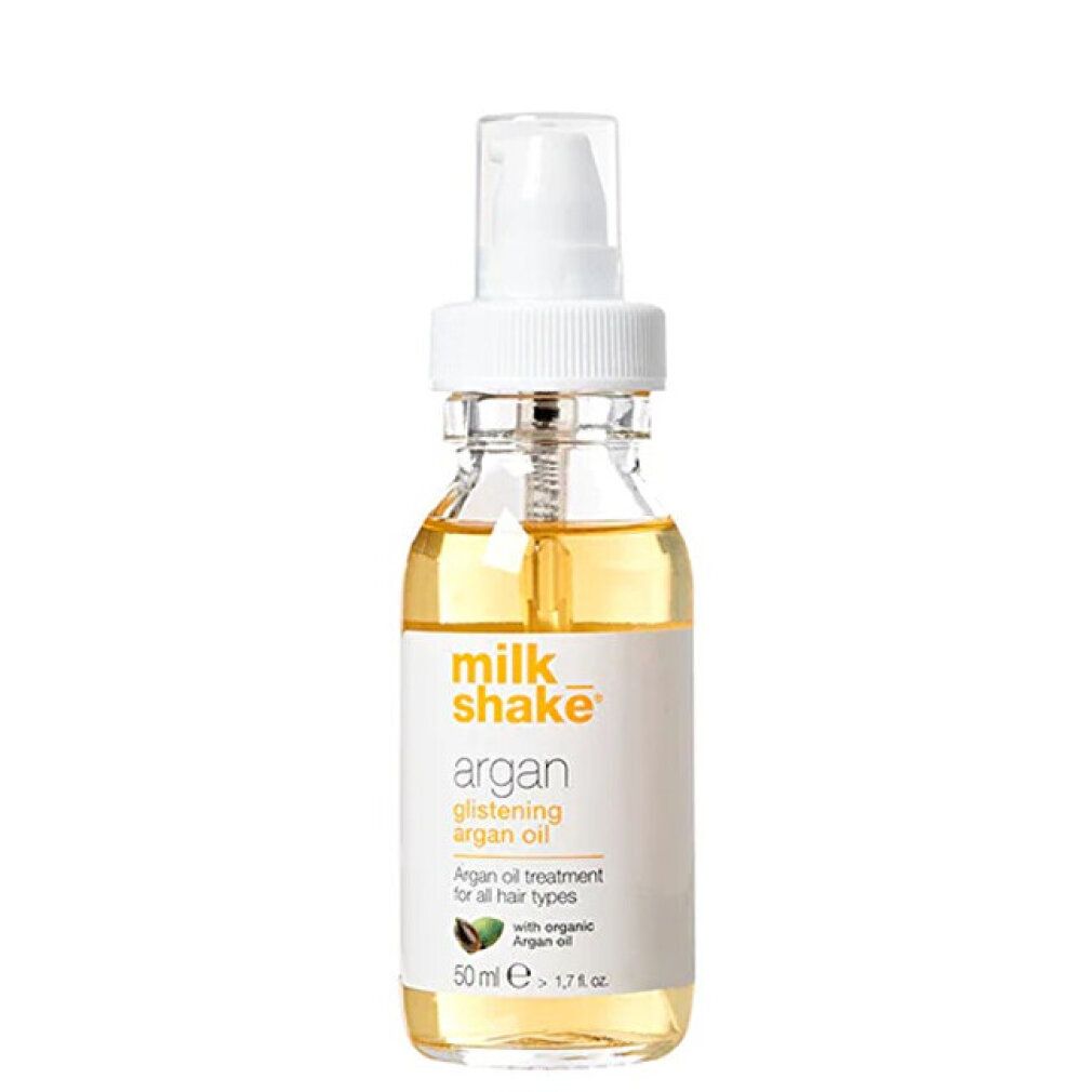Flacon transparent avec huile jaune, bouchon spray blanc. Étiquette "milk_shake" et "argan glistening argan oil".