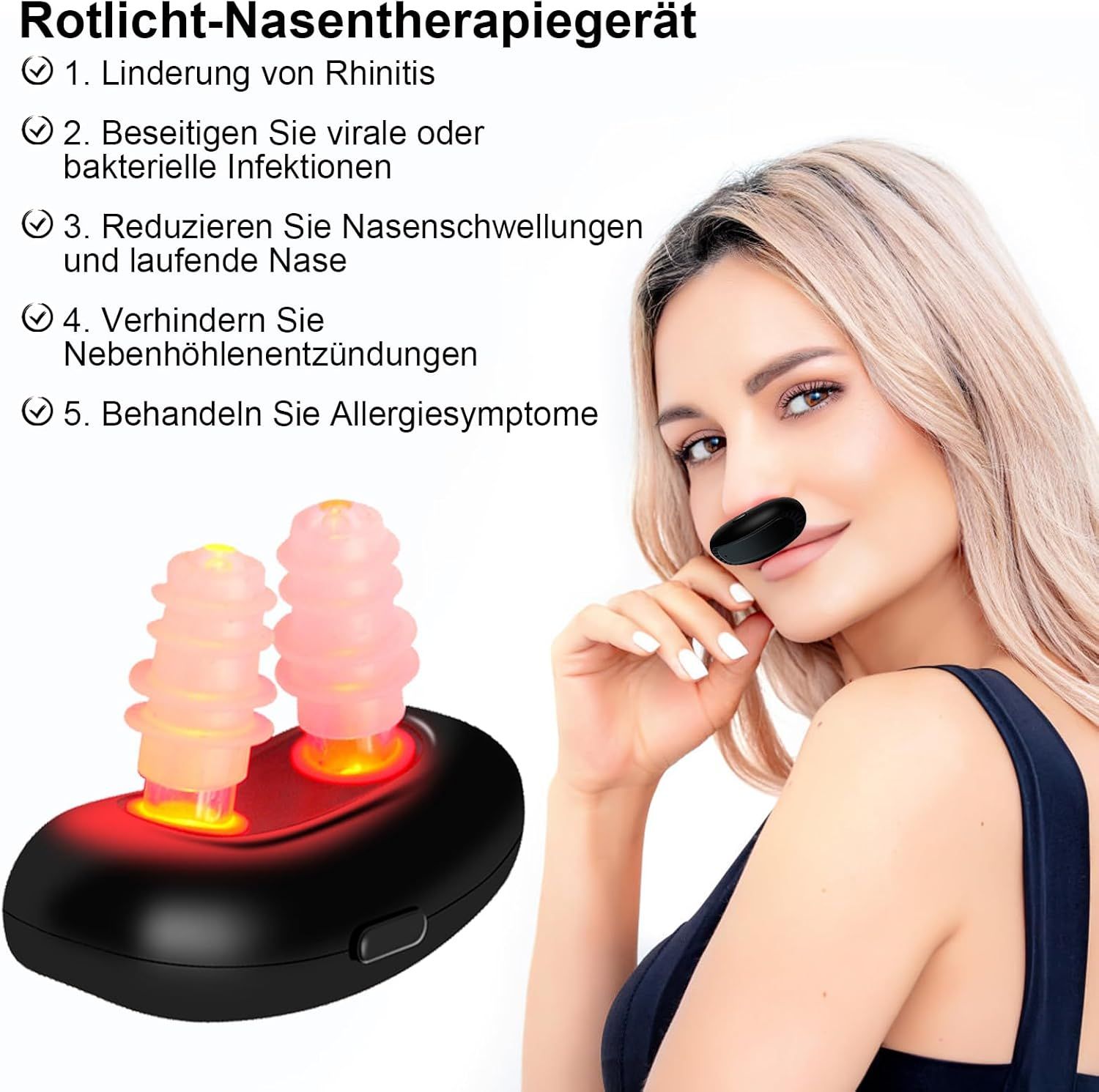 Vrouw met zwart neusapparaat. Tekst: Roodlicht neustherapieapparaat. 5 voordelen opgesomd. Apparaat in neusgaten.