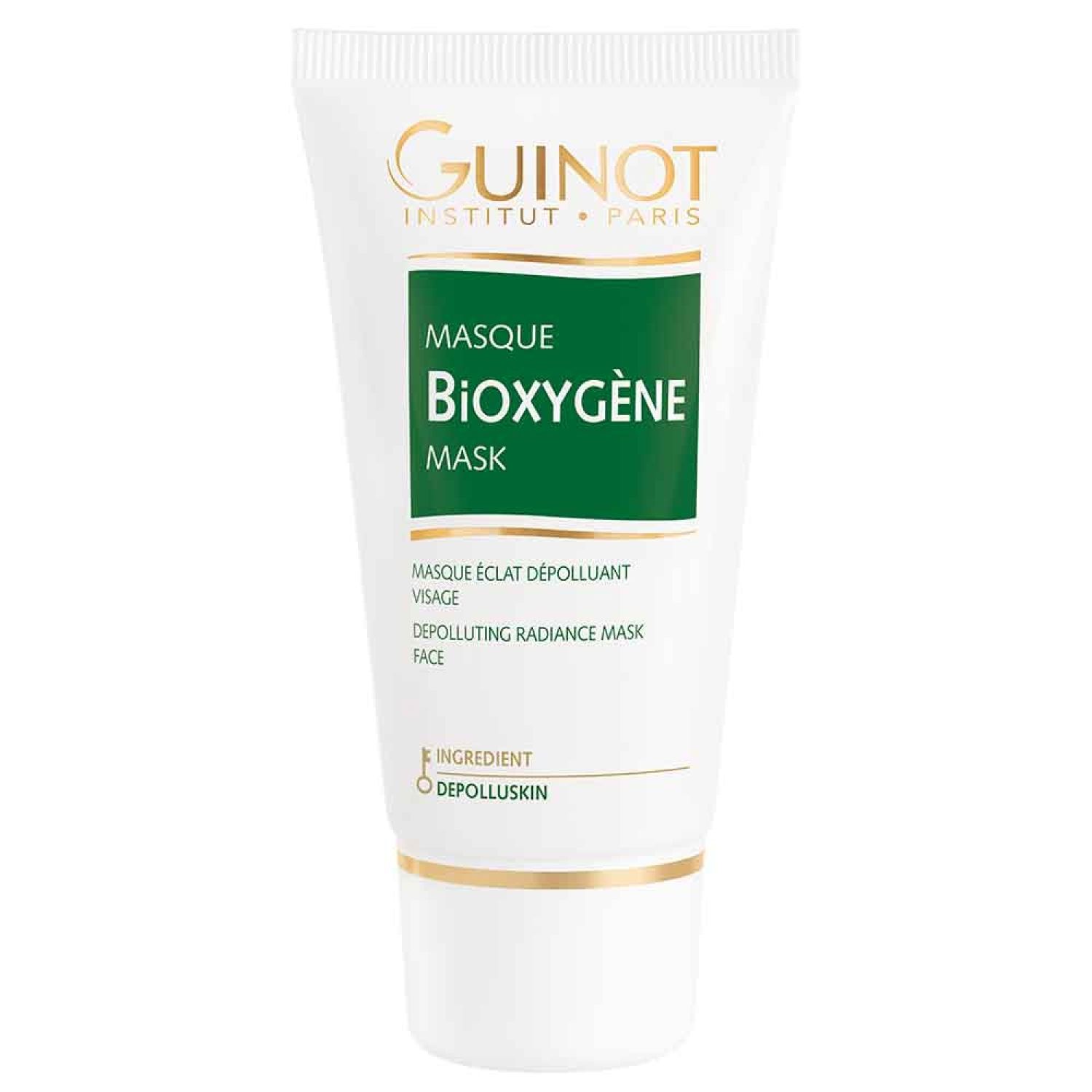 Witte tube met groen etiket. Opschrift: Guinot, Bioxygène Mask. Tekst: Masque éclat dépolluant visage, Depolluting radiance mask face.