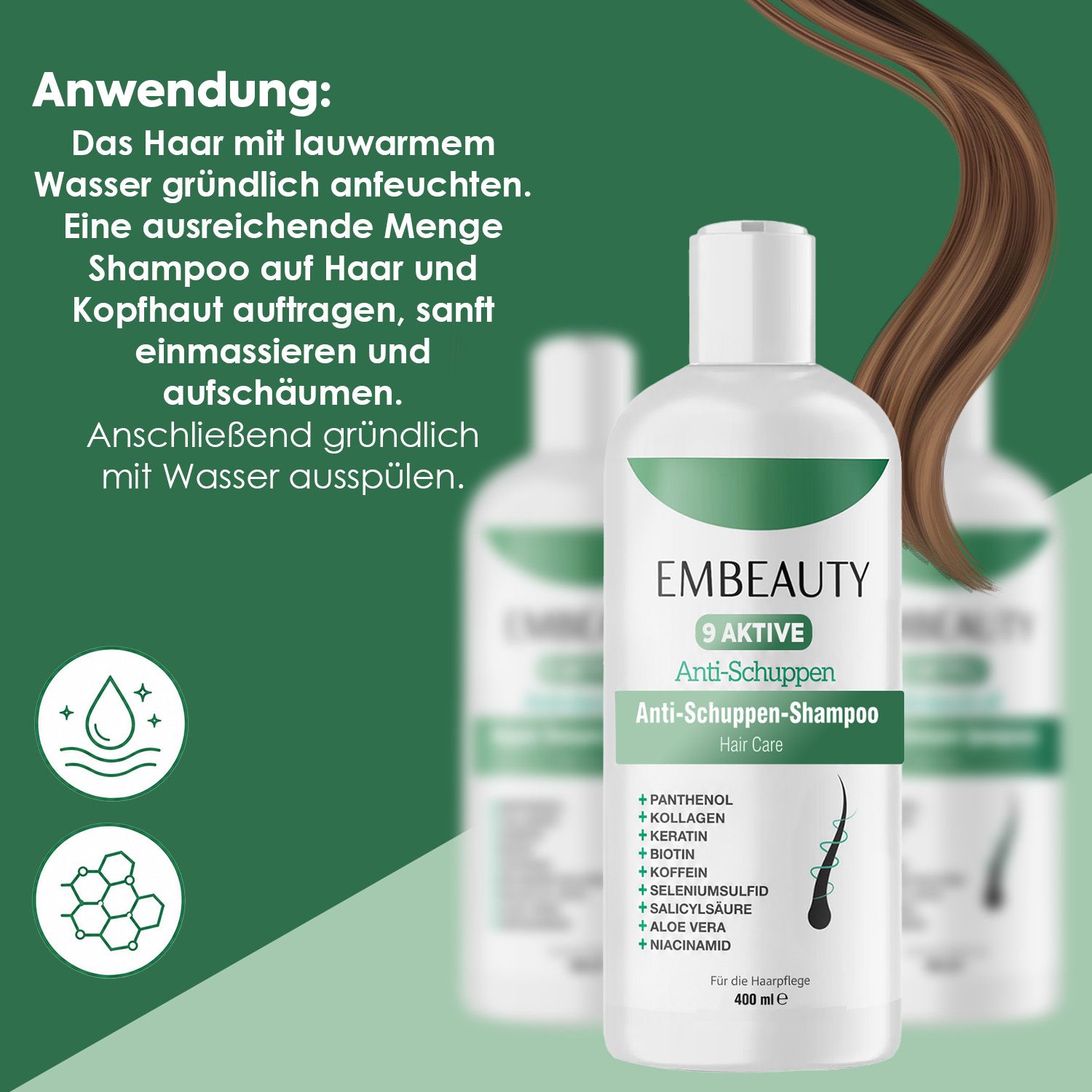Embeauty 9 Aktive Anti-Roos Shampoo fles met ingrediënten zoals Panthenol, Collageen, Keratine, Biotine, Cafeïne, Seleniumsulfide, Salicylzuur, Aloë Vera, Niacinamide. 400 ml.