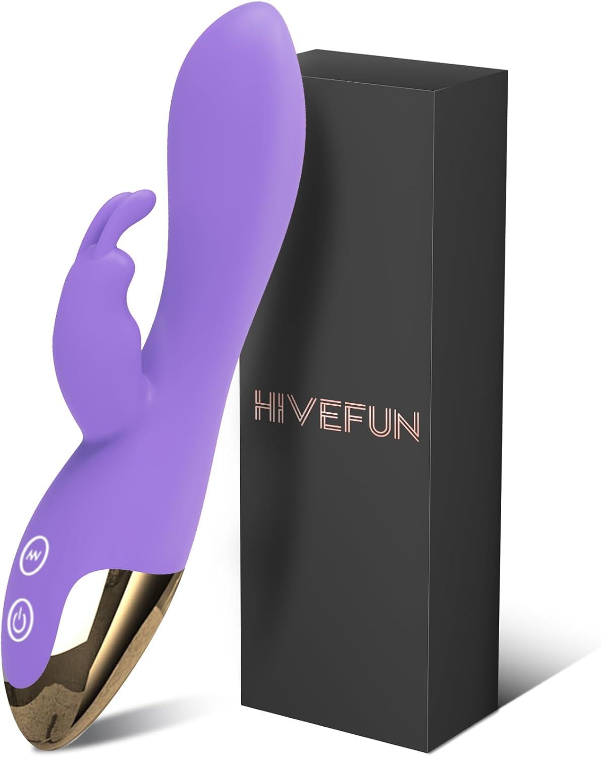 Paarse vibrator met gouden punt en zwarte verpakking met HIVEFUN logo.