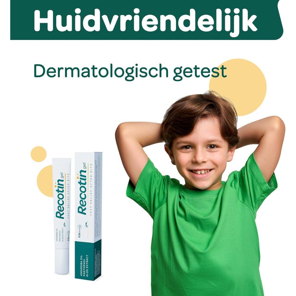 Kind met groen T-shirt. Naast hem: Tube en doos Recotin gel. Tekst: Fast Relief After Bite. Opschrift: Huidvriendelijk, Dermatologisch getest.