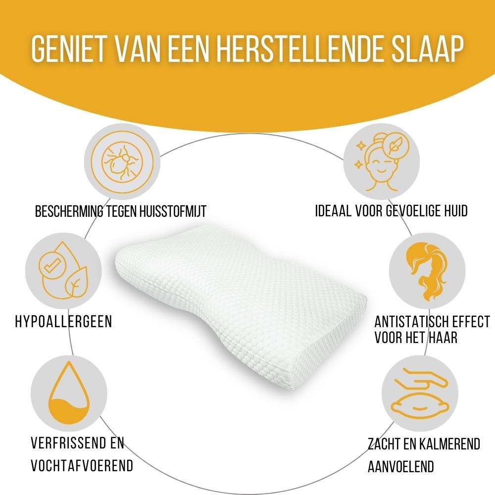 Ergonomisch kussen. Vrouw slaapt. Anti-snurken. Slaap preventie. Wit kussen.