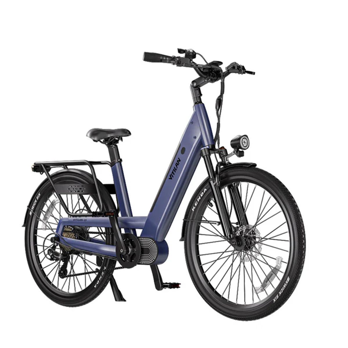 Vélo électrique bleu Vitilan L5 avec phare et pneus Kenda. Porte-bagages et marque visibles.