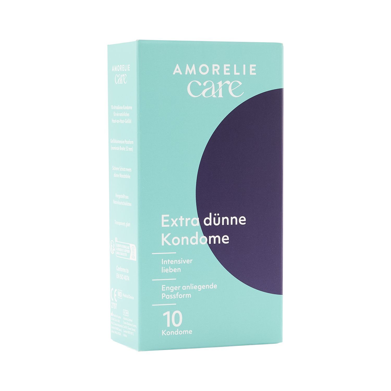 Boîte de préservatifs AMORELIE Care. Inscription : Extra dünne Kondome, 10 préservatifs.