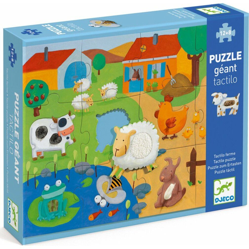 Boîte d'un grand puzzle tactile sur le thème de la ferme avec mouton, vache, poule et grenouille.