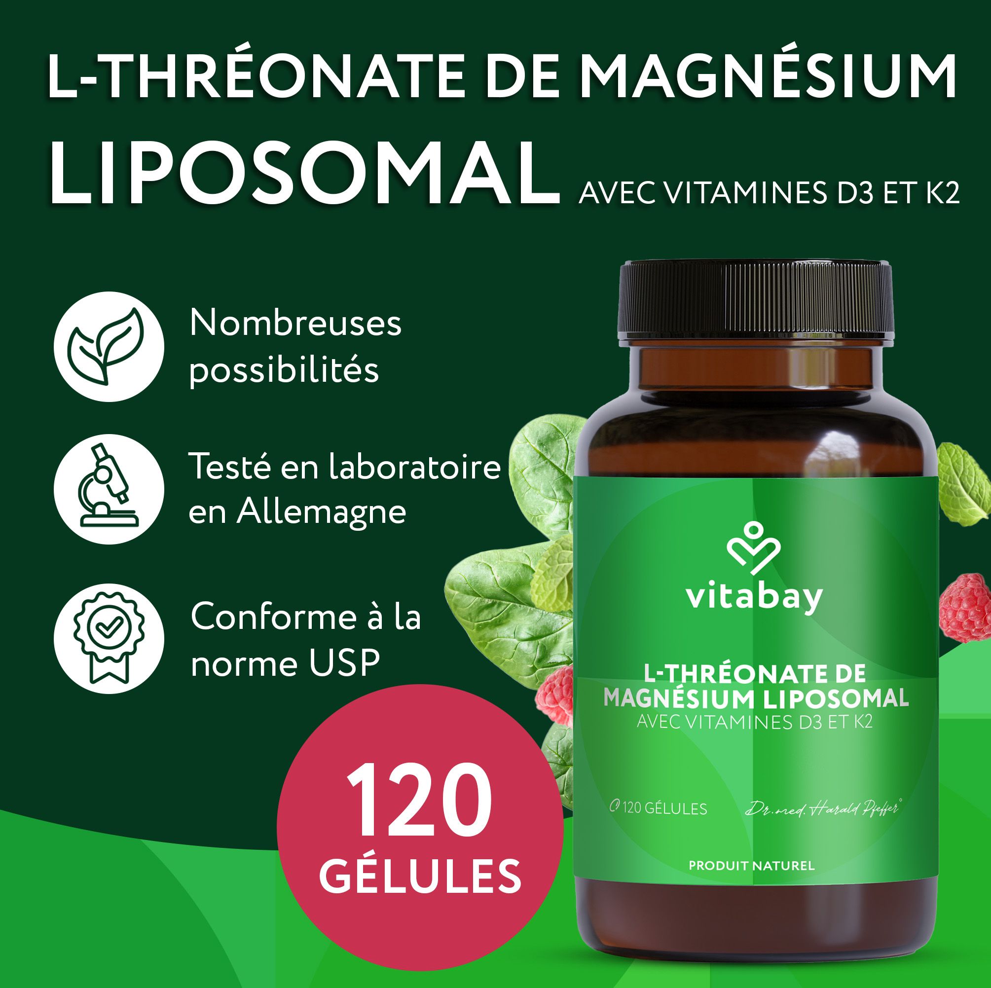 Vitabay Magnésium L-Thréonate Liposomal. 120 Gélules. Avec Vitamines D3 et K2. Testé en laboratoire en Allemagne.