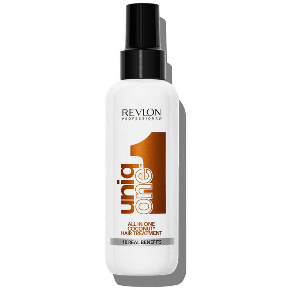 Flacon. Inscription : Uniq One, All in One Coconut Hair Treatment, 10 Real Benefits. Marque : Revlon. Tête de pulvérisation noire.