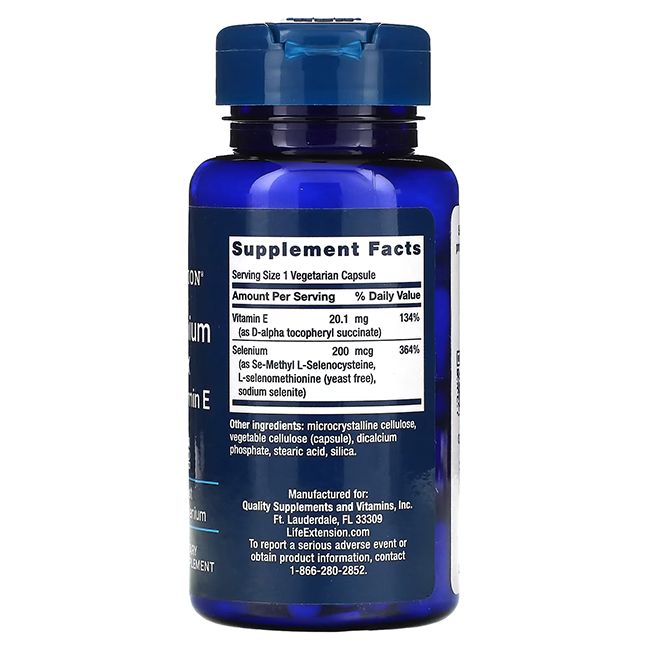 Blauwe fles met witte capsules. Opschrift: Super Selen-Komplex, Vitamine E. Bevat 100 capsules. Glutenvrij, dagelijks, niet-GMO.