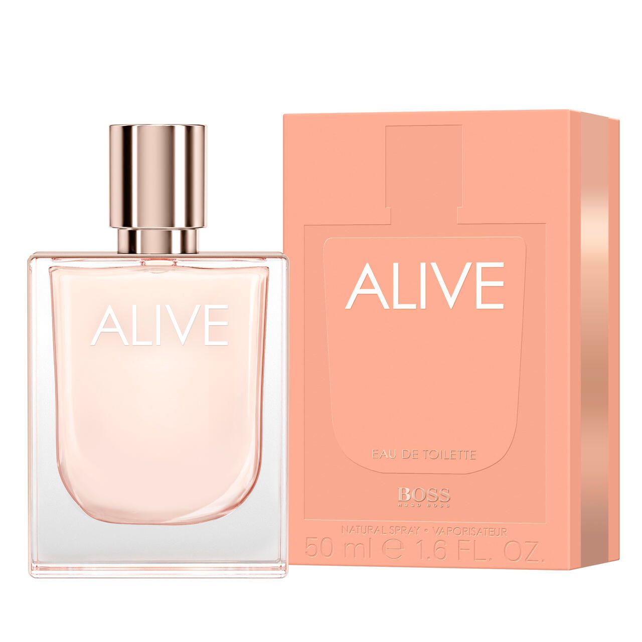 Flacon et emballage Alive E.d.T. Nat. Spray. Flacon carré, liquide rose. Emballage rose, inscription Alive.