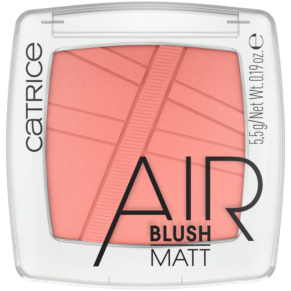 Catrice AirBlush Matte Poudre. Poudre rose en emballage carré. Texte noir. 5,5g/Net Wt. 0.19 oz.e.