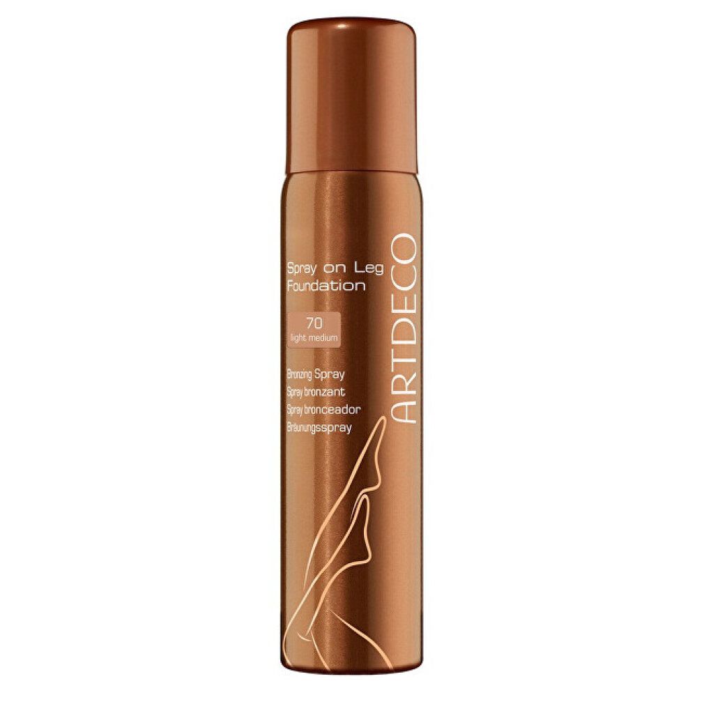 Spray on Leg Foundation van Artdeco. Bruine spuitfles met productinformatie en beenillustratie. Tint 70.