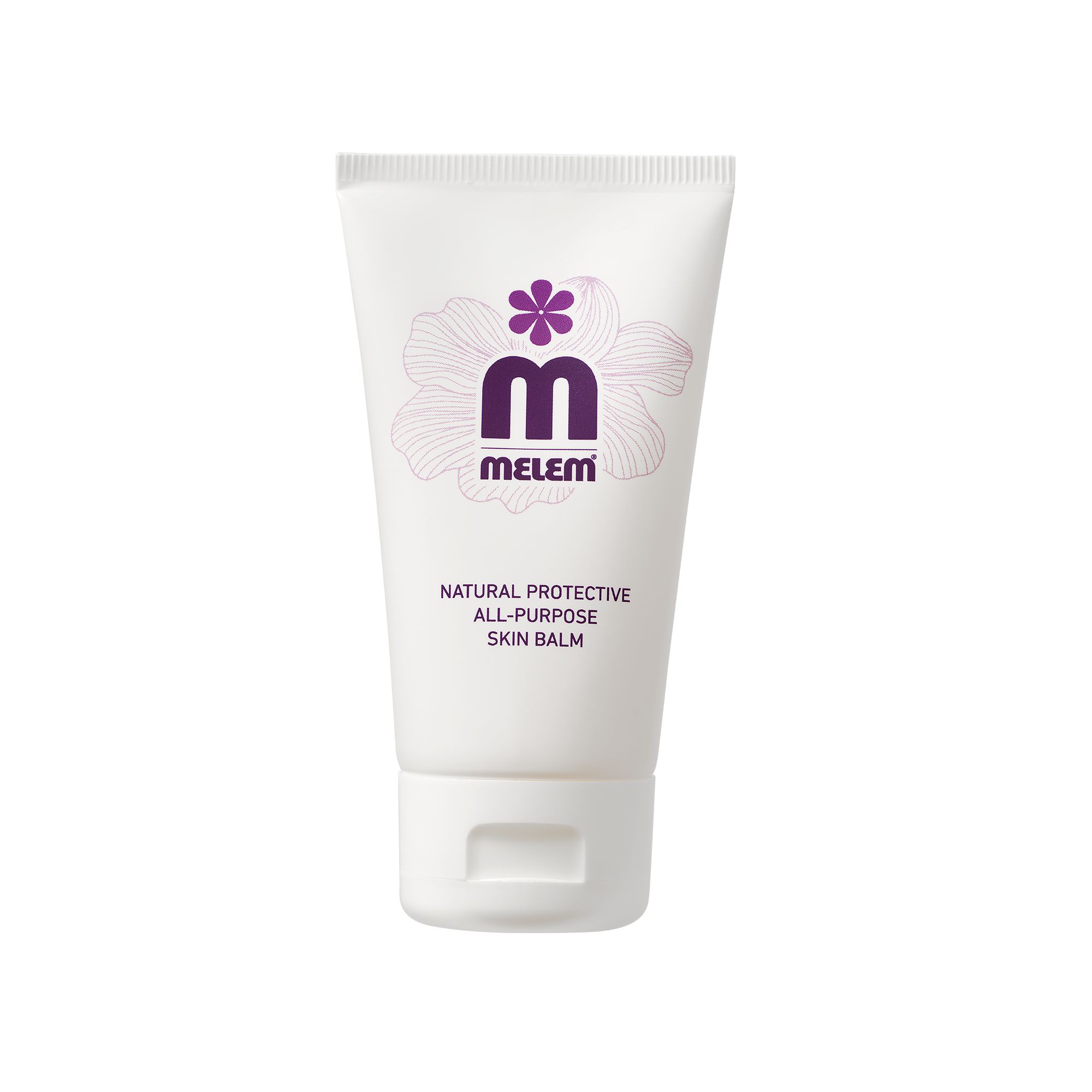 Tube blanc avec logo violet et motif floral. Texte: Melem, crème protectrice naturelle pour tous types de peau.