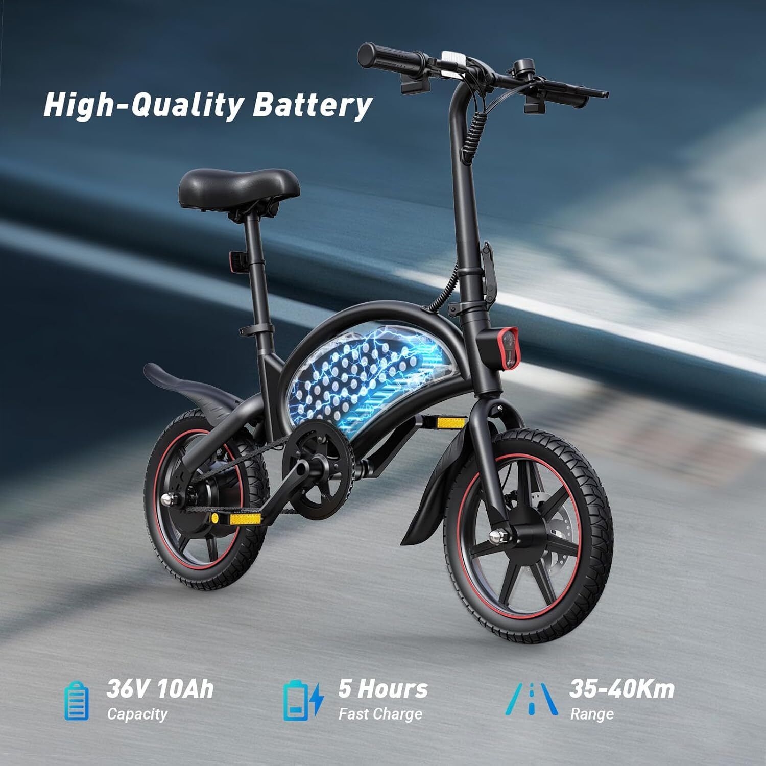 Zwarte e-bike met rode velgen. DYU-logo. 36V 10Ah batterij. 5 uur opladen. 35-40km bereik.