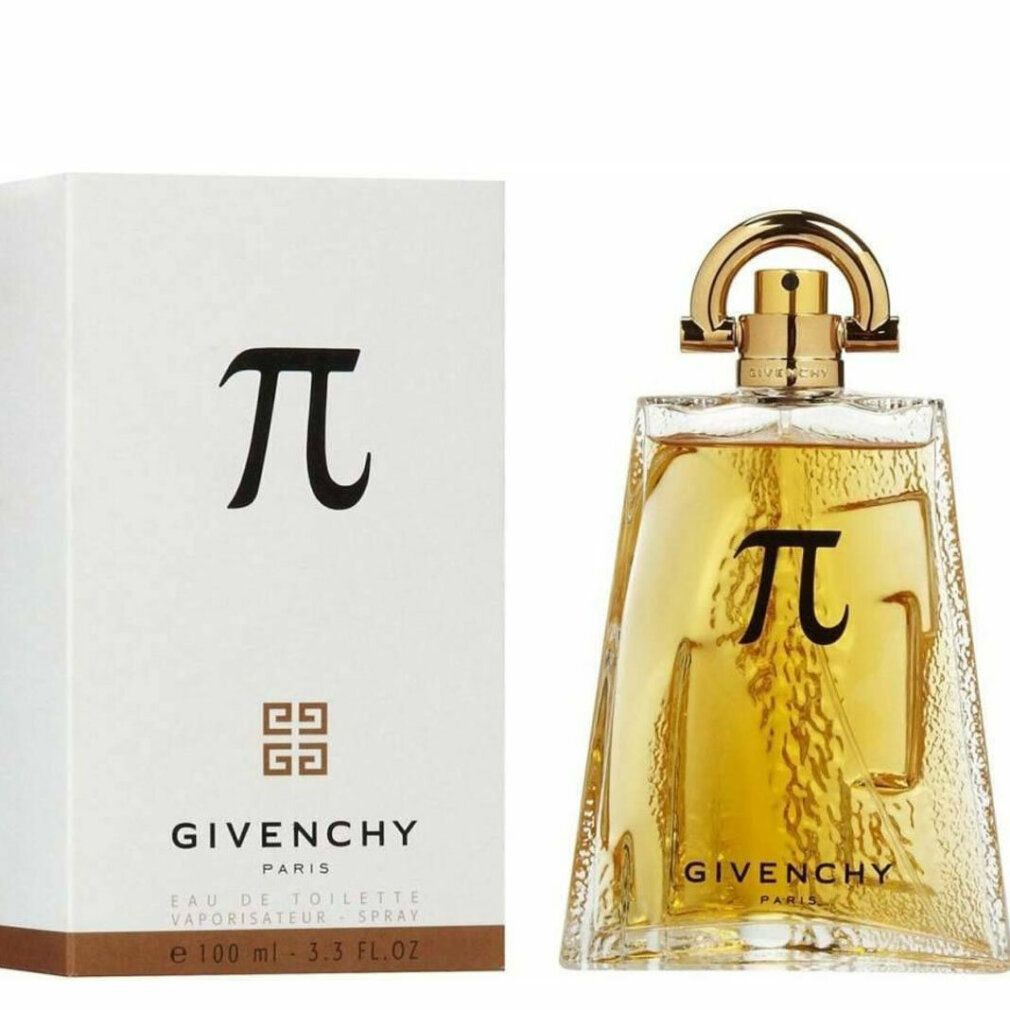 Fles en verpakking. Fles met gouden dop en Pi-symbool. Verpakking met Pi-symbool en Givenchy-logo.