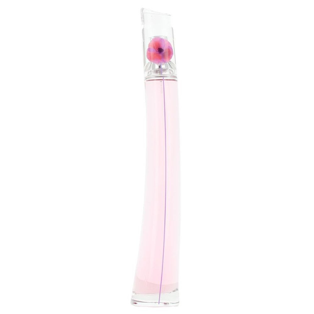 Flacon de parfum rose avec bouchon en forme de fleur. Forme élancée et incurvée. Bouchon transparent avec fleur rose.