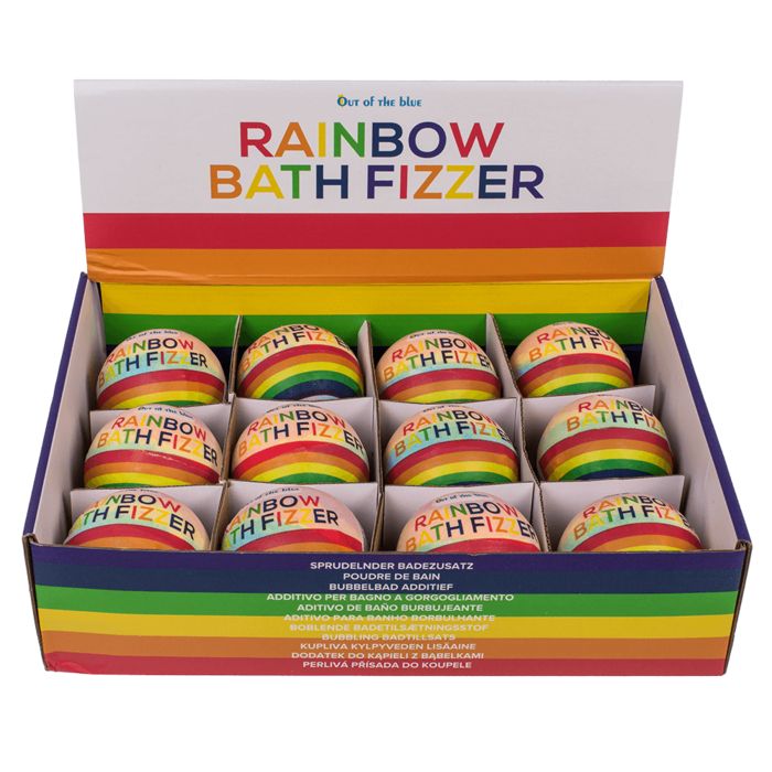 Regenboog badbals in open verpakking. 12 ballen met de tekst "Rainbow Bath Fizzer".
