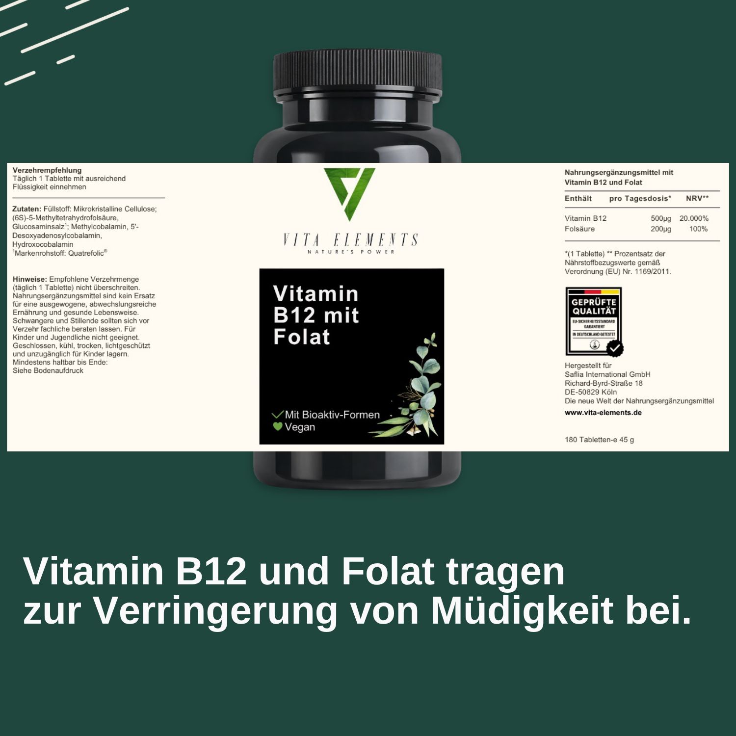 Achterkant van de Vita Elements Vitamine B12 pot met voedingswaarde-informatie en zegel.