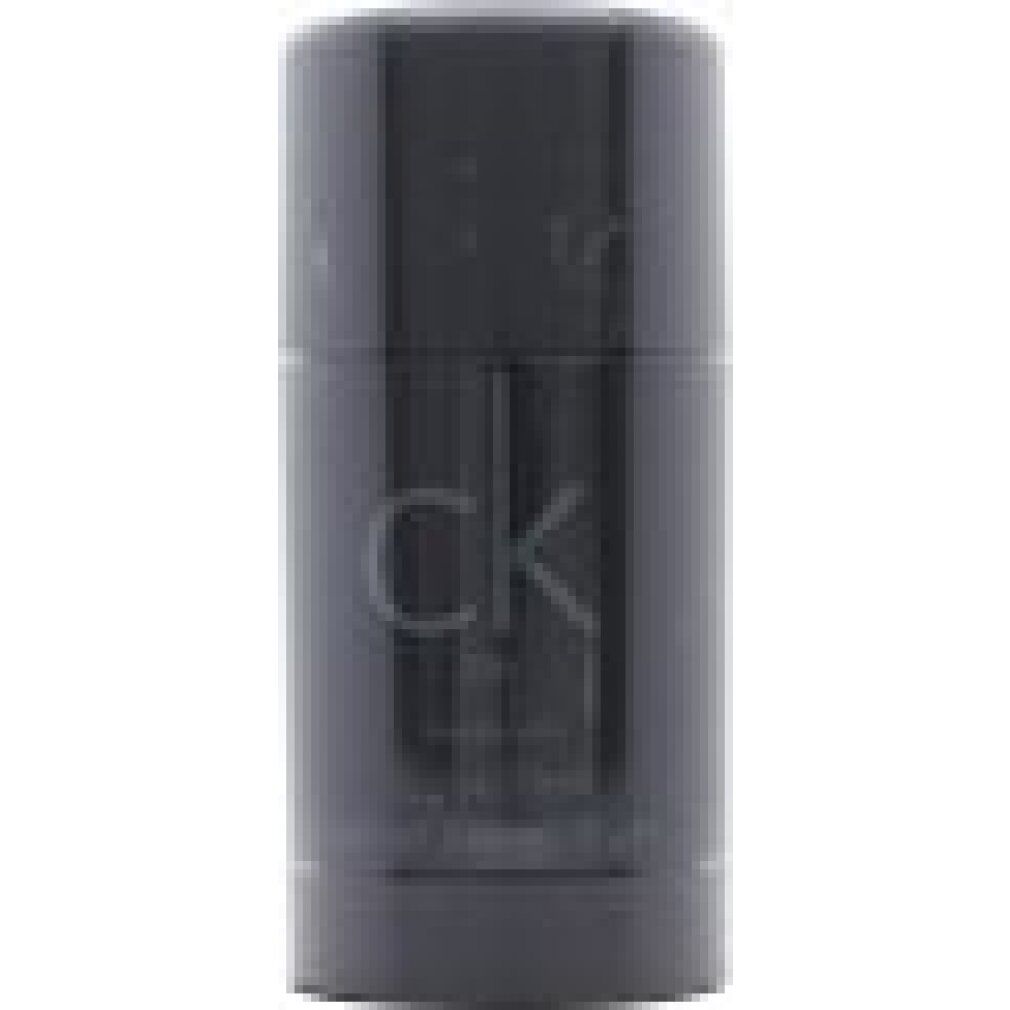 Donkergrijze deodorant stick met "ck be" logo en "Calvin Klein" tekst. Netto gewicht 2.6 OZ, 75 g.