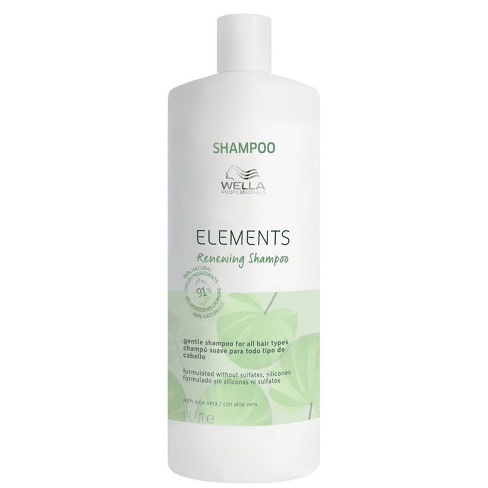 Witte fles met groen etiket. Opschrift: SHAMPOO, WELLA, ELEMENTS Renewing Shampoo. Bevat 91% natuurlijke ingrediënten.
