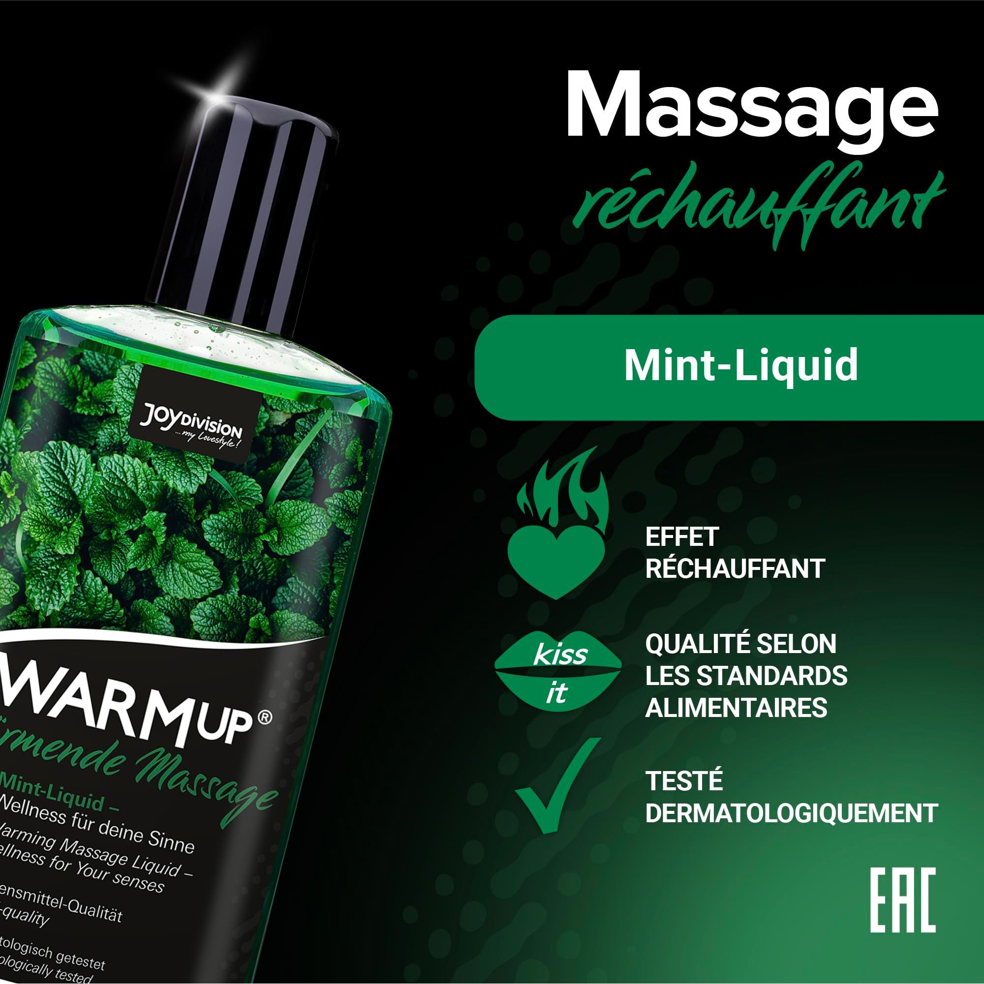 Bouteille Joydivision WARM UP Menthe, huile de massage chauffante, gros plan.