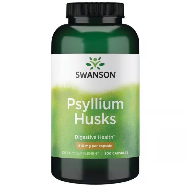 Flacon vert avec étiquette blanche. Inscription: SWANSON, Psyllium Husks, 610 mg par capsule, 300 capsules.