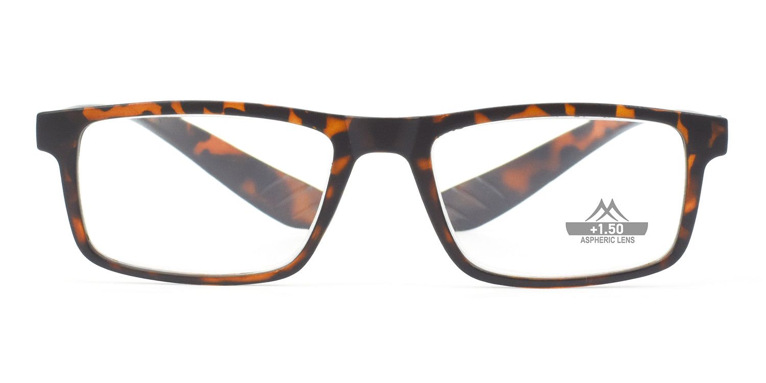 Lunettes rectangulaires à motif écaille de tortue marron. Logo et puissance 1.50 sur le verre droit.