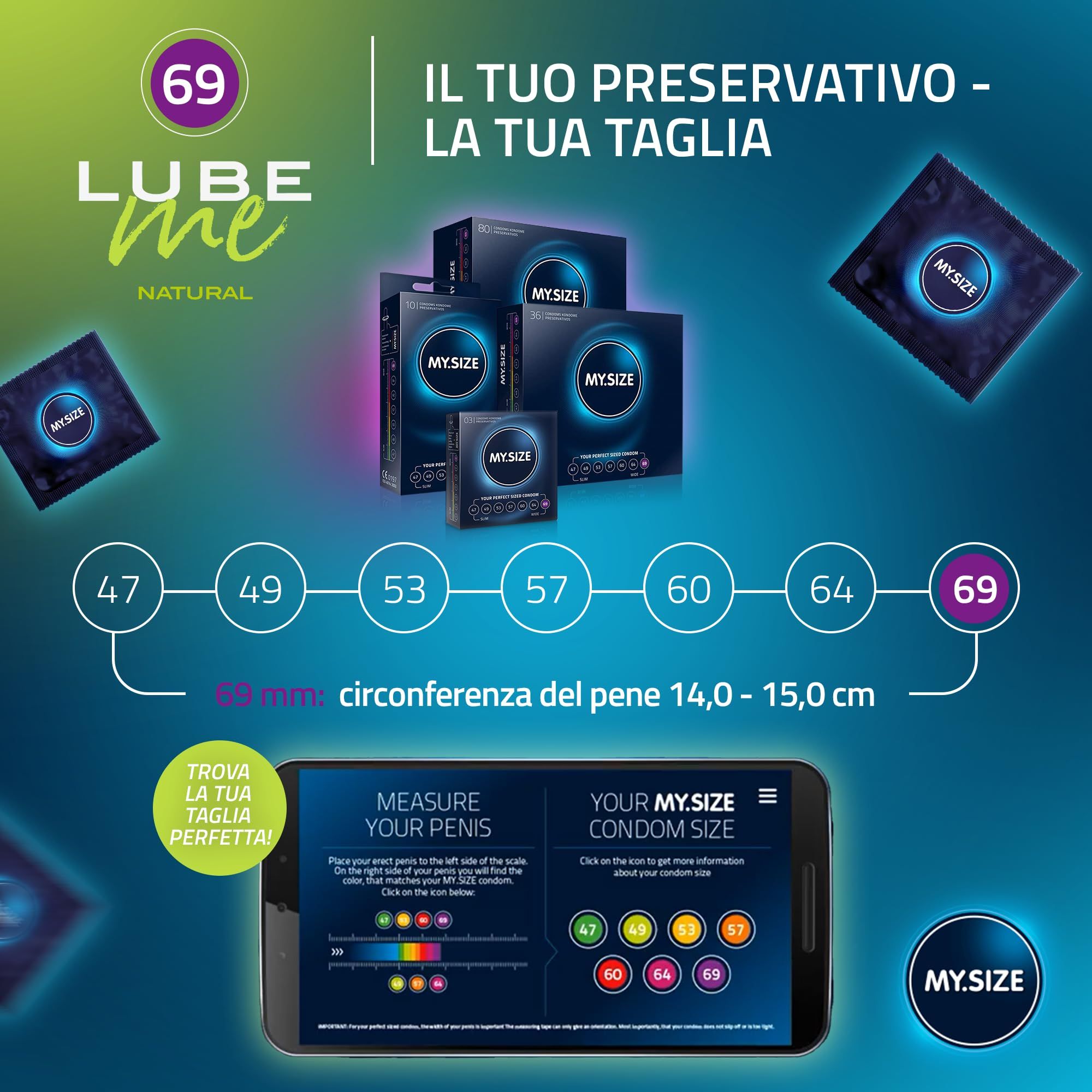 Tailles de préservatifs MY.SIZE de 47 à 69 mm, avec guide des tailles.