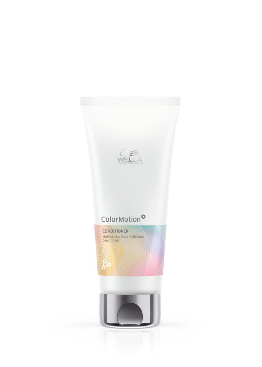 Tube blanche avec bouchon argenté. Inscription: Wella Color Motion Conditioner. Dégradé de couleurs et logo.