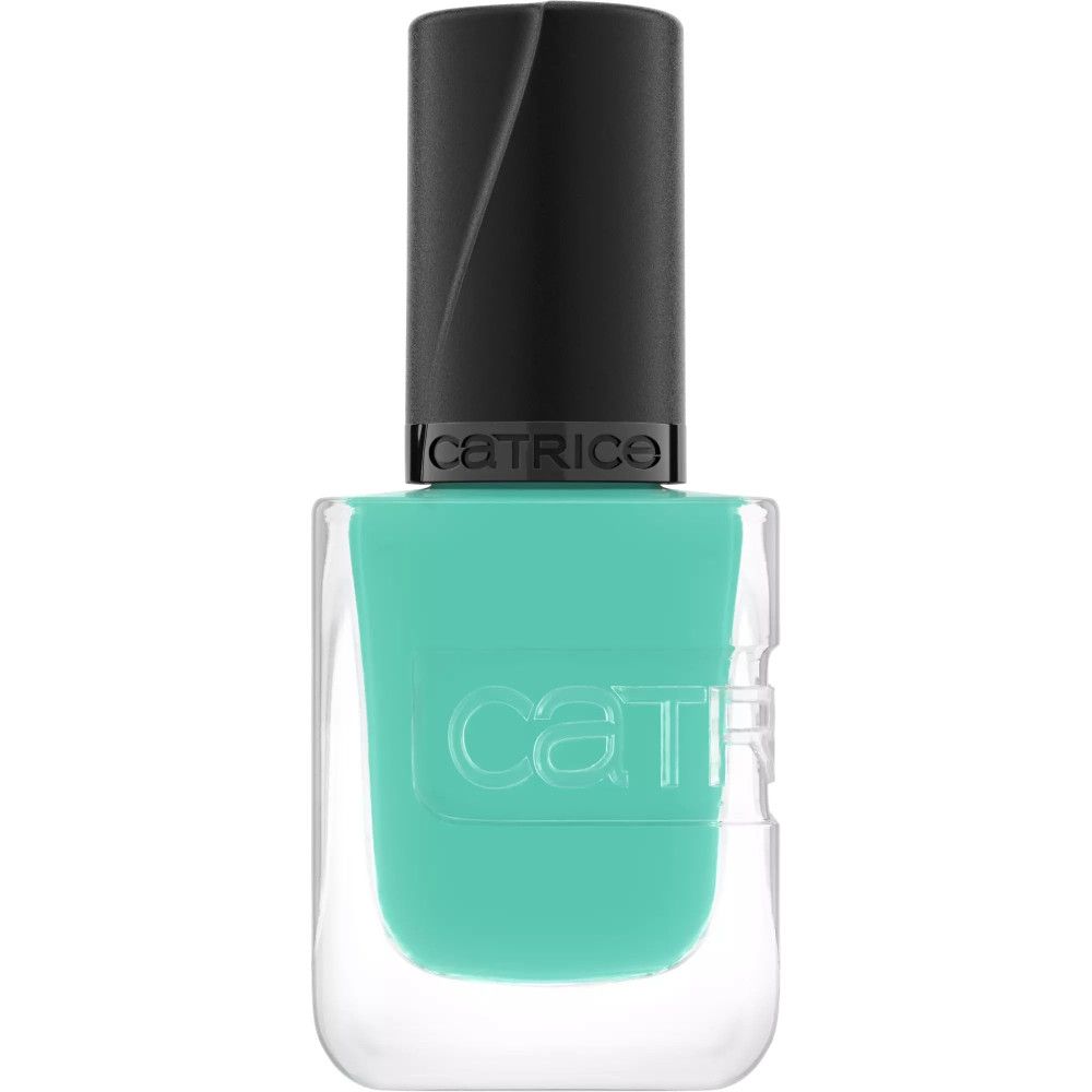 Un flacon de vernis à ongles turquoise. Le bouchon est noir, avec le nom de la marque Catrice.