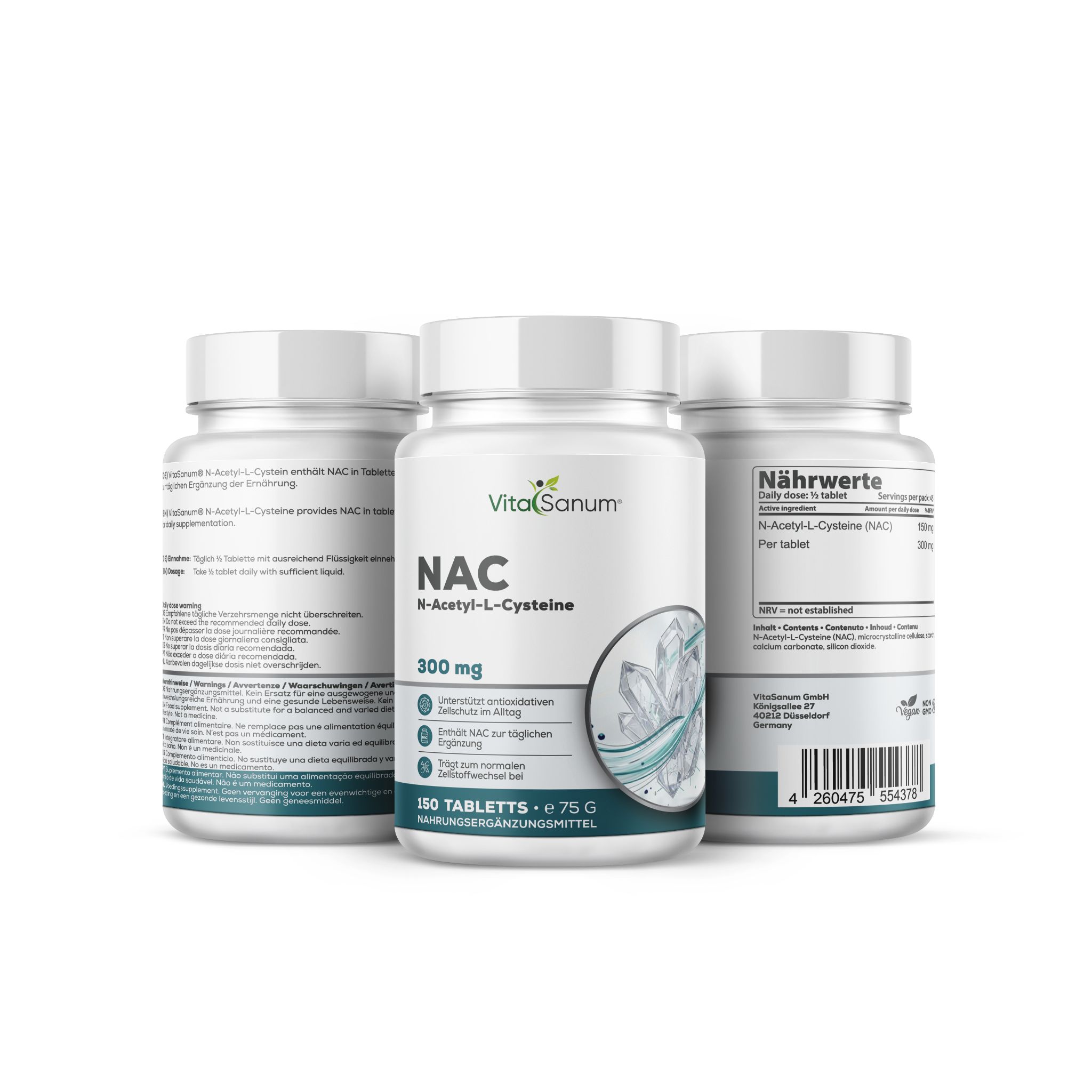 Trois bouteilles VitaSanum® NAC N-Acetyl-L-Cystéine 300 mg, 150 comprimés.