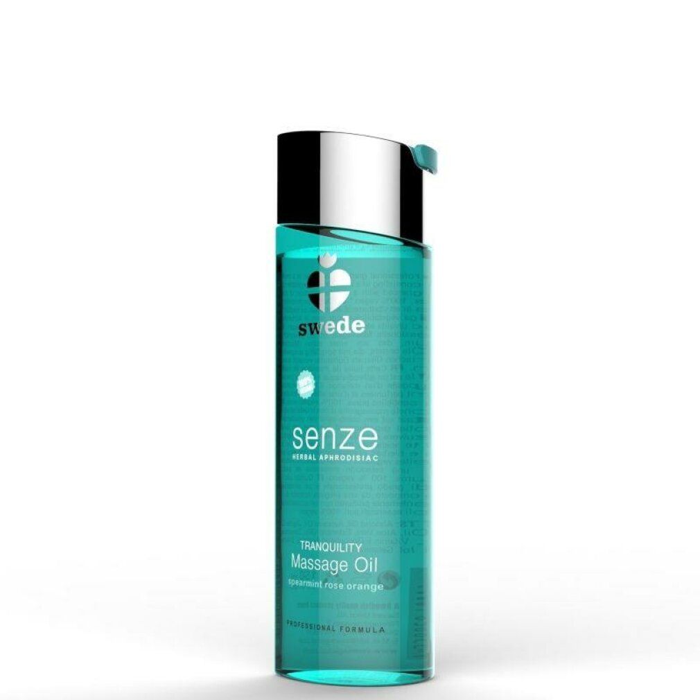 Bouteille d'huile de massage Swede Senze avec bouchon argenté. Liquide turquoise, lettrage argenté.