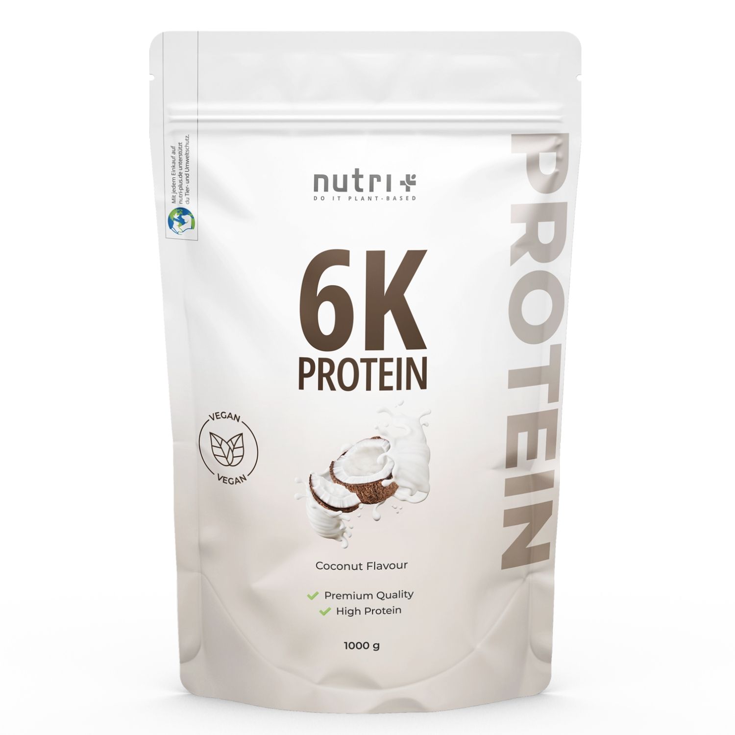 Emballage blanc de poudre de protéines avec logo 'nutri+', inscription '6K PROTEIN', illustration de noix de coco et 'Coconut Flavour'.
