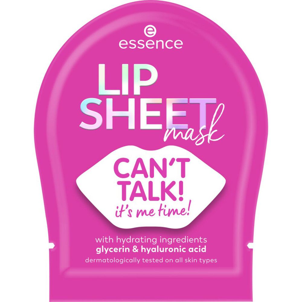 Essence Lip Sheet Mask dans un emballage rose. Texte: CAN'T TALK! it's me time!